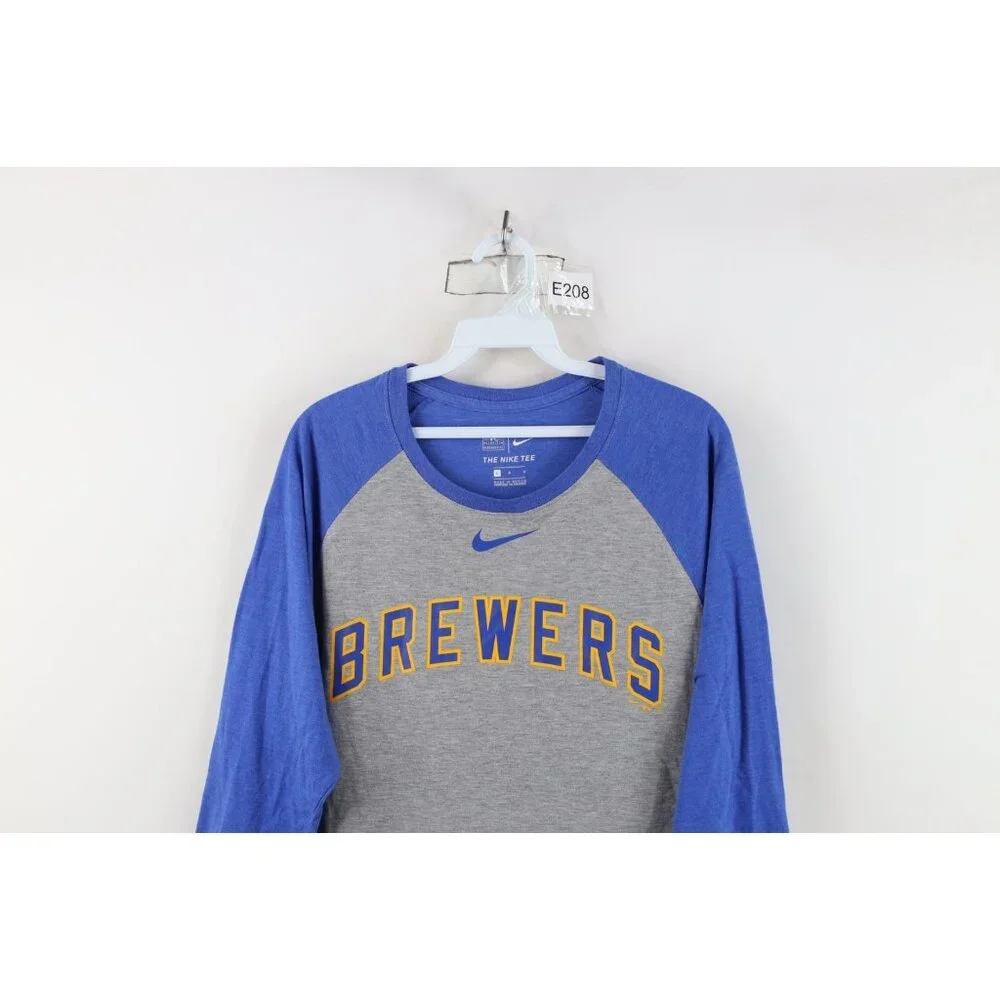 Nike Mens Large Faded Milwaukee Brewers Baseball 3/4 Sleeve Raglan T-Shirt Gray - Picture 2 of 16